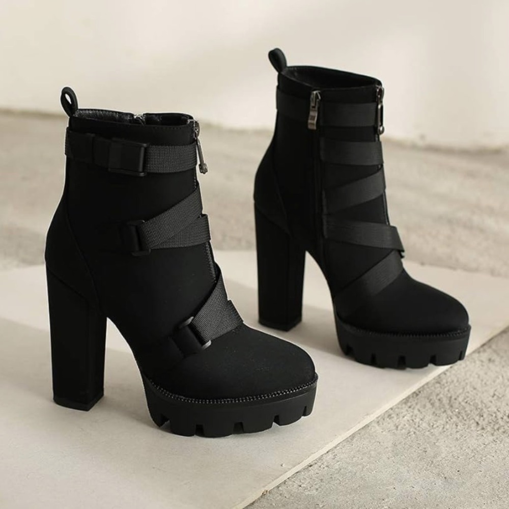 DETOGNI Women's Platform High Heel Booties Buckle Strap Zipper Ankle Boots